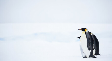 Naklejka premium Emperor Penguins on a vast snowy expanse in Antarctica, majestic wildlife in a serene and cold environment.