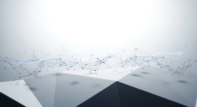 Abstract digital network with connected dots and lines over geometric grey planes. Technology, data, and communication concept.