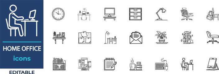 Home Office Vector Line Icons. Containing Clock, Desk, Monitor, Cabinet, Lamp, Chair, Backpack, Bookshelf, Sticky, Folder, Plant, Strip, Armchair and more. Solid Vector Line Icons collection.