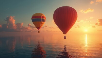 Fototapeta premium Two hot air balloons float over calm sea at sunset. Colorful clouds drift in the sky above tranquil water reflecting golden sunlight. Peaceful aerial journey.