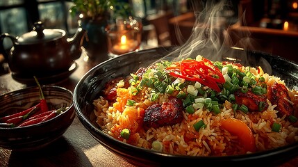 Delicious vegetable fried rice topped with herbs high resolution picture