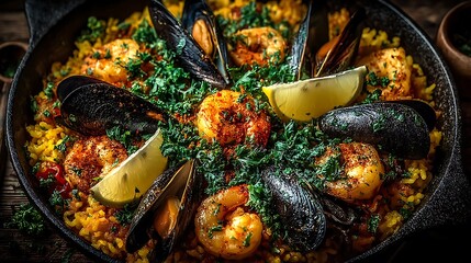 Delicious shrimp paella with fresh vegetables high resolution picture