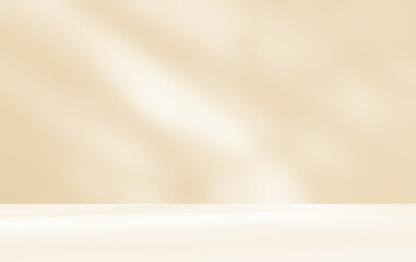 Empty cream beige room studio with shadow of leaves for product presentation. Autumn background. Summer tropical backdrop. Cosmetic showroom.