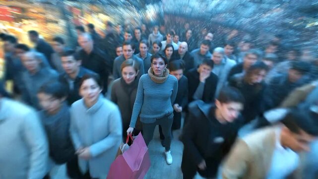 Boxing Day Sales Shopping Frenzy. A dynamic shot of people excitedly but politely shopping for deals in a store the day after Christmas.