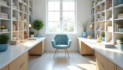Minimalist study or home office with built-in bookshelves, two white desks, single blue armchair. Natural light streams through large window, illuminating serene workspace designed for productivity.