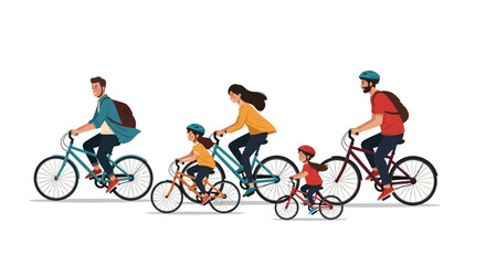 Obraz premium A diverse family enjoys a leisurely bicycle ride together with parents and children on various sized bikes.