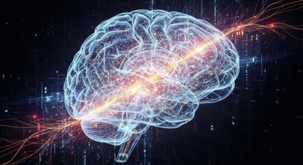 Naklejka premium Digital Brain Visualization: Neural Pathways and AI Processes
