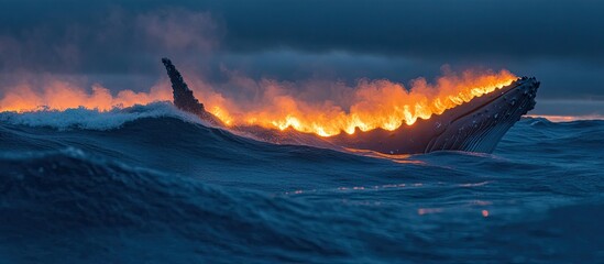 Fiery Leviathan Breaching a Twilight Ocean of Deep Blue Waves
