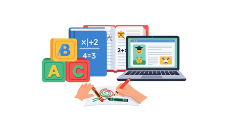 Educational materials including alphabet blocks math books and a laptop.