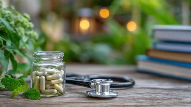 A serene integrative medicine workspace featuring herbal capsules and a stethoscope, set against a backdrop of blurred medical books and greenery.