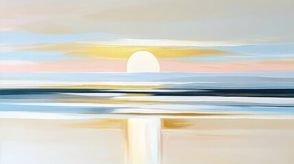 Abstract Sunrise Seascape Painting with Gold Accents and Soft Pastel Hues