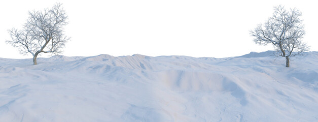 3D render panoramic view of mountains in winter on a transparent background.	