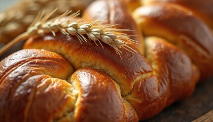 Golden braided bread challah loaf close-up detail. Fresh baked pastry with wheat ears on top. Rustic homemade food, traditional baking, cozy kitchen atmosphere, delicious snack.