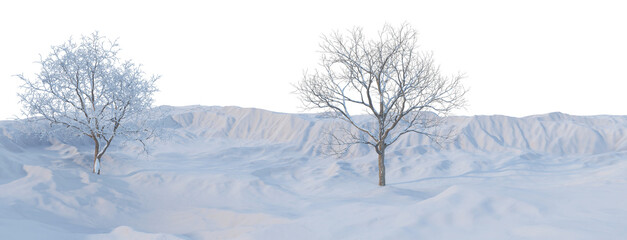 3D render panoramic view of mountains in winter on a transparent background.	