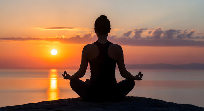 Sunrise serenity : A woman meditates embracing the dawn ' s tranquility fostering inner peace through mindful practice and connection with nature