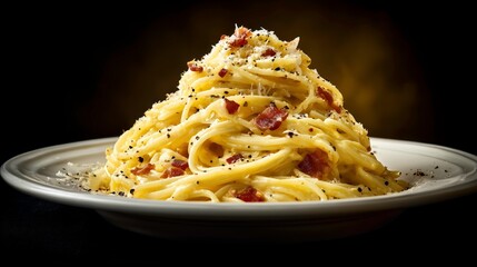 Spaghetti carbonara served on a plate with cheese and bacon bits  