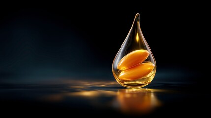 Apricot kernel oil drop with apricot kernels inside on dark background  