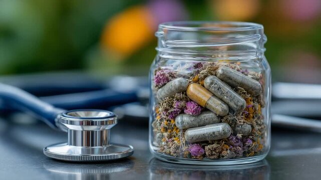 Macro image of herbal capsules in a glass jar with a stethoscope, symbolizing integrative healthcare.