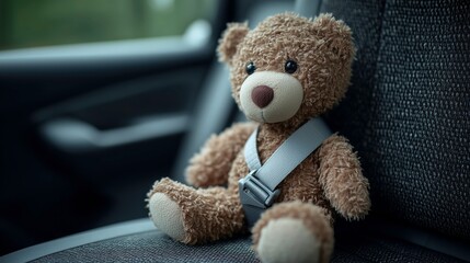 Child's teddy bear buckled in seat belt on car seat