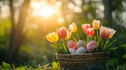 Golden Hour Easter Basket with Vibrant Tulips and Patterned Eggs in a Spring Garden