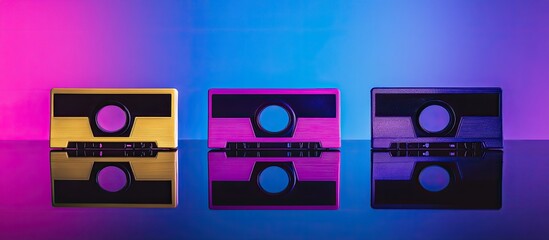 Vibrant Retro Cassettes: Gold, Magenta, Purple Tapes on Neon Gradient with Reflections