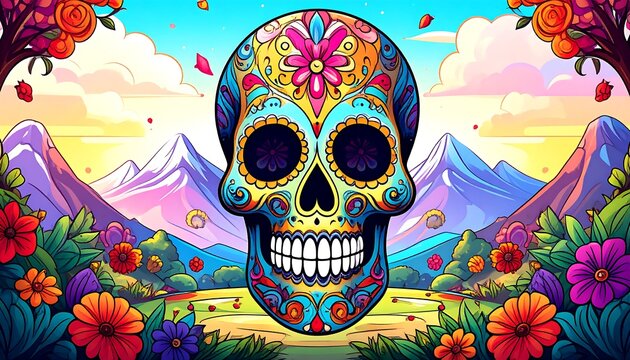 Colorful skull with floral details, landscape background