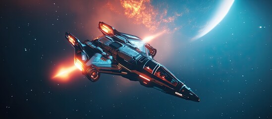 Futuristic Spaceship in Cosmic Flight:  Blazing Engines and Celestial Backdrop
