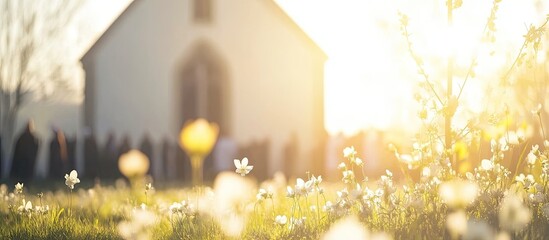 Serene White Anemones Bloom in Golden Hour Sunlight Before a Blurred Church Facade