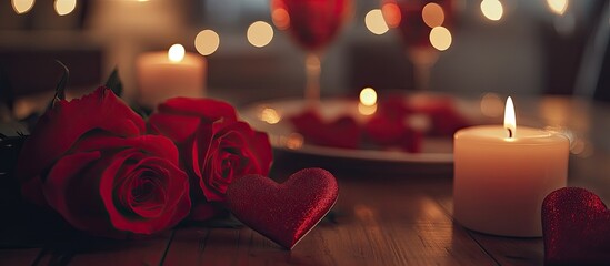 Romantic Dinner Setting with Red Roses, Candles, and Heart Decor