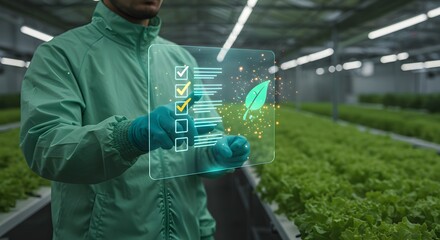 Modern vertical farming technology with a worker inspecting healthy lettuce growth in a greenhouse.