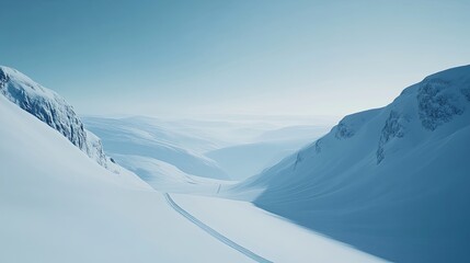 Icy Blue Serenity: Lone Tracks Carving a Path Through a Vast, Minimalist Snowy Valley