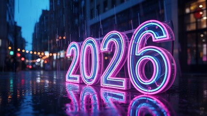 A neon sign displaying the year 2026 against a rainy city backdrop.