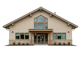 Modern beige building isolated on transparent background, commercial real estate architecture PNG