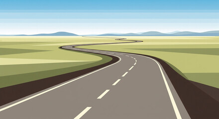 winding road through green fields blue sky landscape