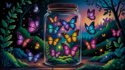 Butterflies Trapped in a Jar with a Magical Forest Background