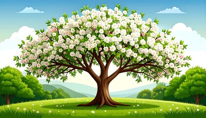 Lush, cartoon tree with dense white blooms against a blue sky with fluffy clouds