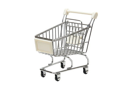 Miniature shopping cart isolated on transparent background, small metal trolley PNG