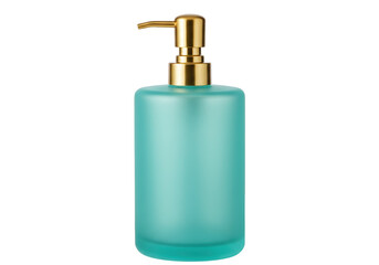Turquoise frosted glass soap dispenser isolated on white, bathroom accessory for hygiene