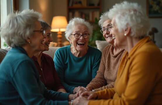 Five happy senior women laugh heartily, talk in cozy home living room. Elderly friends enjoy vibrant social gathering, share life stories, connect deeply, feeling immense joy. Old ladies show strong - Powered by Adobe