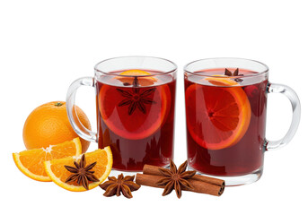 Festive mulled wine in glass mugs isolated, with orange slices and star anise