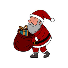 Cute Christmas Santa Claus carrying a big bag of gifts. Festive holiday illustration. Cheerful New Year character full of joy and holiday spirit