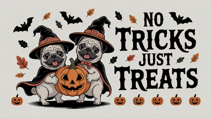 Cute Pugs In Halloween Costumes With Pumpkin And Text