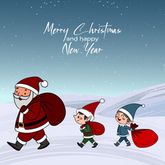Festive Christmas postcard illustration with Santa Claus carrying a big bag of gifts and his cheerful helpers. Cozy and joyful New Year scene full of holiday spirit