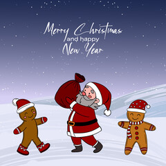 Festive Christmas postcard illustration with Santa Claus carrying a big bag of gifts and his cheerful helpers. Cozy and joyful New Year scene full of holiday spirit
