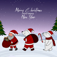 Festive Christmas postcard illustration with Santa Claus carrying a big bag of gifts and his cheerful helpers. Cozy and joyful New Year scene full of holiday spirit