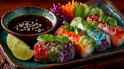 Fresh vegetable rice paper rolls with dip high resolution picture