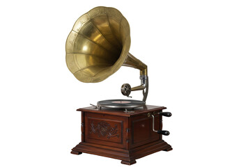 Antique gramophone with a golden horn isolated, vintage phonograph record player on no background