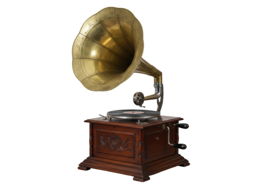 Antique gramophone with a golden horn isolated, vintage phonograph record player on no background