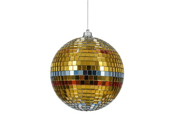 Golden disco ball isolated on transparent background, shiny mirror ball for party decoration