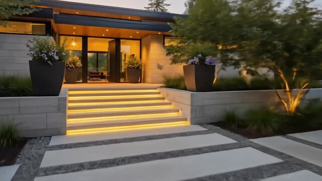Modern home exterior featuring illuminated walkway and steps, with trees and planters